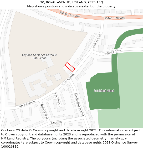 20, ROYAL AVENUE, LEYLAND, PR25 1BQ: Location map and indicative extent of plot