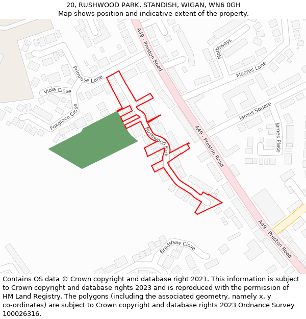 20, RUSHWOOD PARK, STANDISH, WIGAN, WN6 0GH: Location map and indicative extent of plot