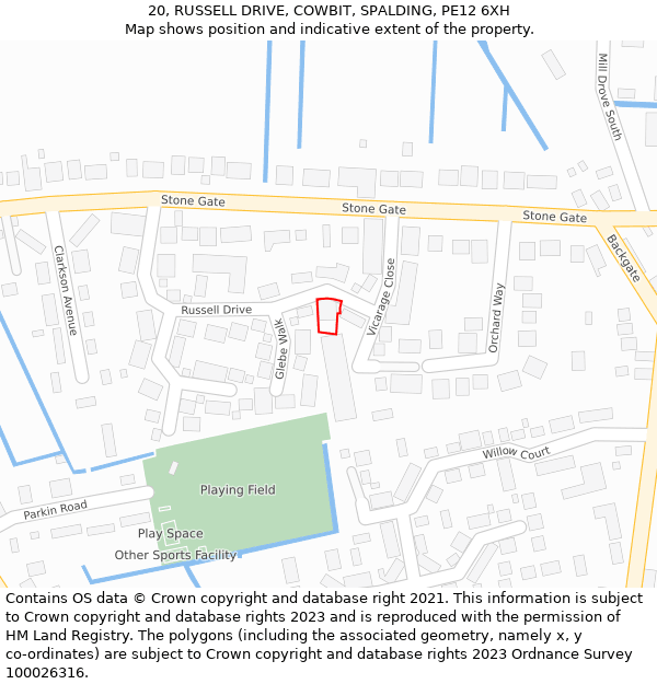 20, RUSSELL DRIVE, COWBIT, SPALDING, PE12 6XH: Location map and indicative extent of plot