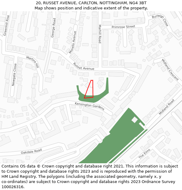 20, RUSSET AVENUE, CARLTON, NOTTINGHAM, NG4 3BT: Location map and indicative extent of plot