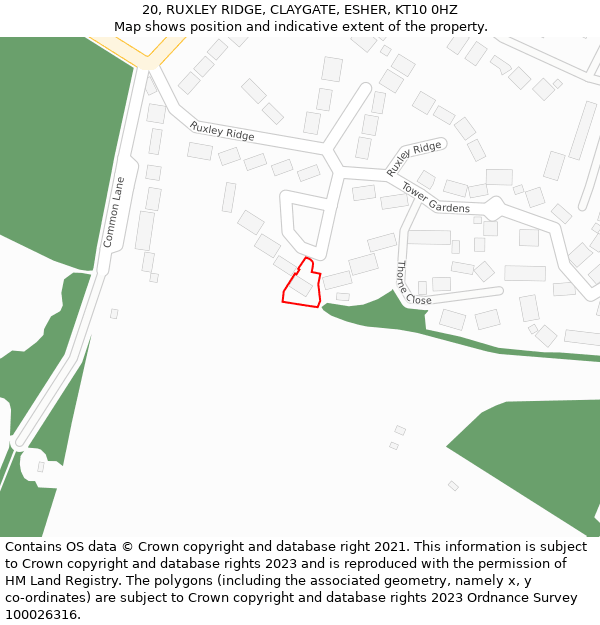 20, RUXLEY RIDGE, CLAYGATE, ESHER, KT10 0HZ: Location map and indicative extent of plot