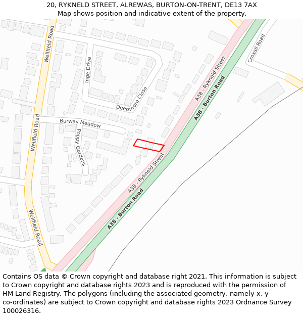 20, RYKNELD STREET, ALREWAS, BURTON-ON-TRENT, DE13 7AX: Location map and indicative extent of plot