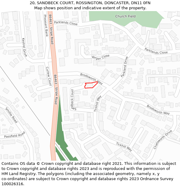 20, SANDBECK COURT, ROSSINGTON, DONCASTER, DN11 0FN: Location map and indicative extent of plot