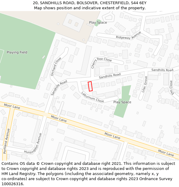 20, SANDHILLS ROAD, BOLSOVER, CHESTERFIELD, S44 6EY: Location map and indicative extent of plot