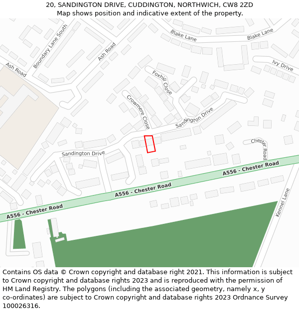 20, SANDINGTON DRIVE, CUDDINGTON, NORTHWICH, CW8 2ZD: Location map and indicative extent of plot