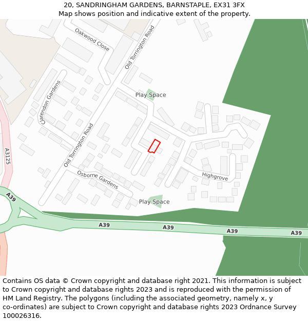 20, SANDRINGHAM GARDENS, BARNSTAPLE, EX31 3FX: Location map and indicative extent of plot