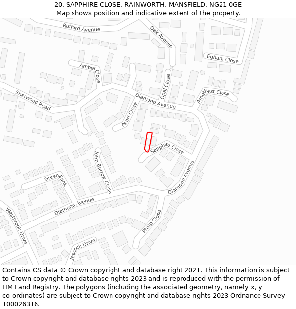 20, SAPPHIRE CLOSE, RAINWORTH, MANSFIELD, NG21 0GE: Location map and indicative extent of plot