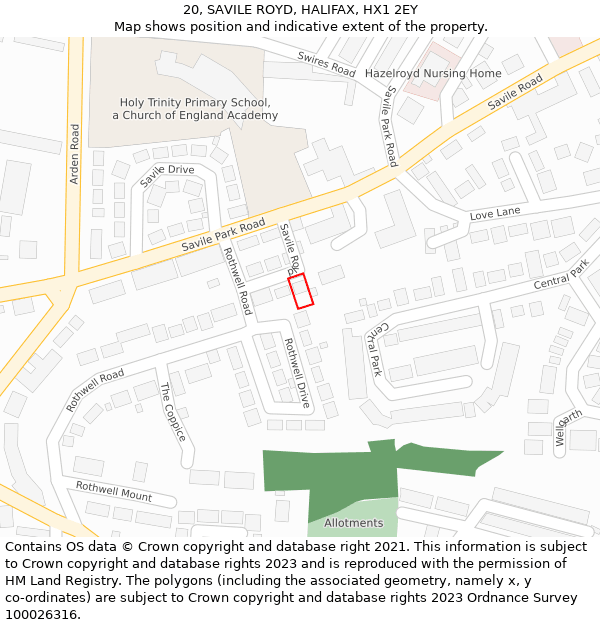 20, SAVILE ROYD, HALIFAX, HX1 2EY: Location map and indicative extent of plot