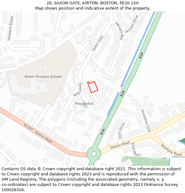 20, SAXON GATE, KIRTON, BOSTON, PE20 1XA: Location map and indicative extent of plot