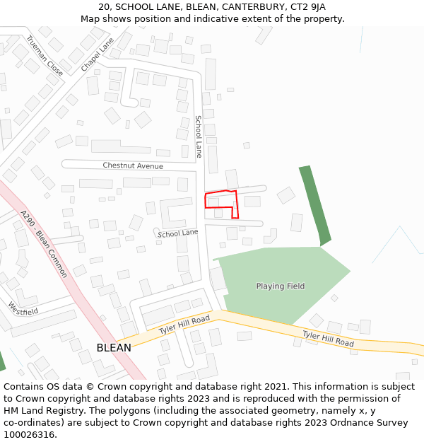 20, SCHOOL LANE, BLEAN, CANTERBURY, CT2 9JA: Location map and indicative extent of plot