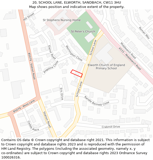 20, SCHOOL LANE, ELWORTH, SANDBACH, CW11 3HU: Location map and indicative extent of plot