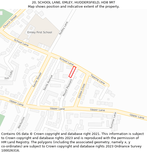 20, SCHOOL LANE, EMLEY, HUDDERSFIELD, HD8 9RT: Location map and indicative extent of plot