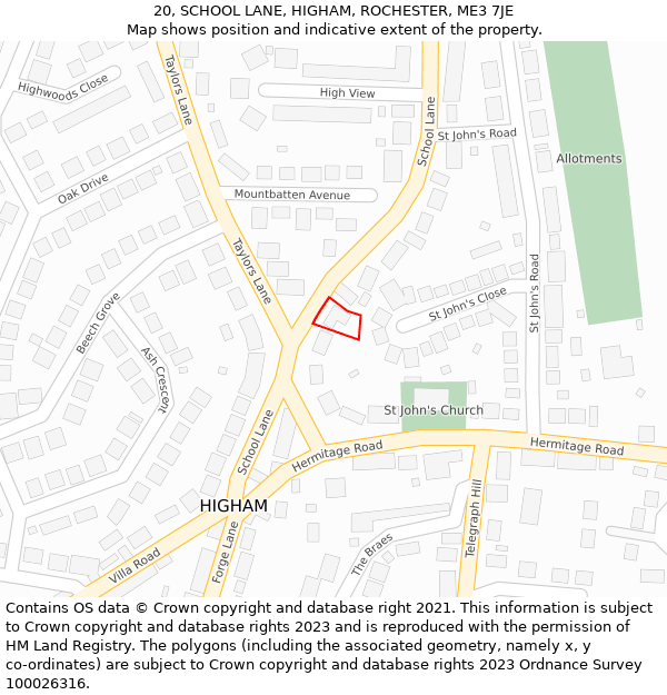 20, SCHOOL LANE, HIGHAM, ROCHESTER, ME3 7JE: Location map and indicative extent of plot