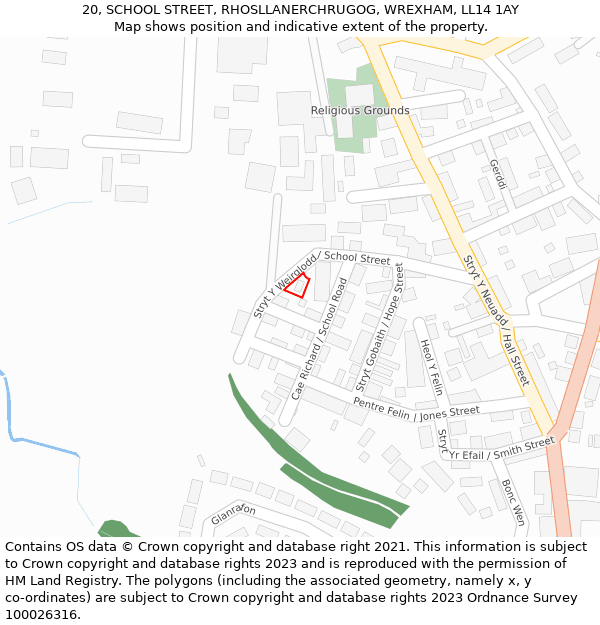 20, SCHOOL STREET, RHOSLLANERCHRUGOG, WREXHAM, LL14 1AY: Location map and indicative extent of plot