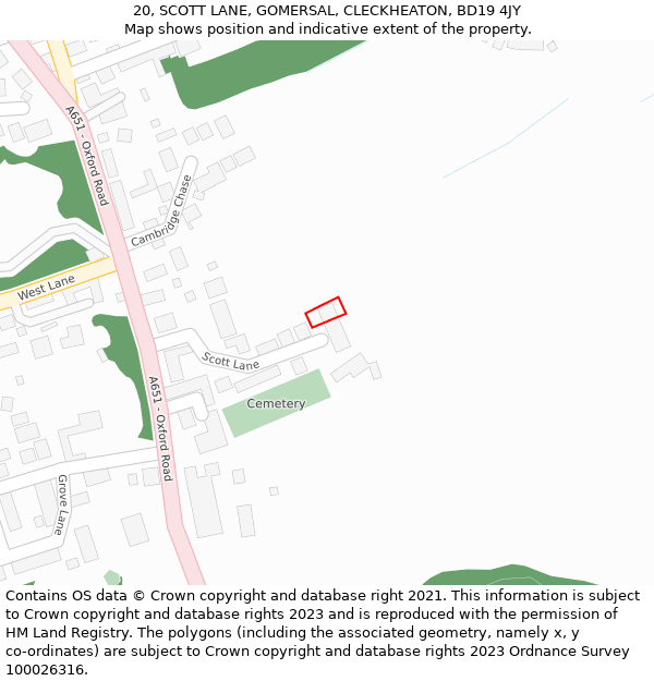 20, SCOTT LANE, GOMERSAL, CLECKHEATON, BD19 4JY: Location map and indicative extent of plot