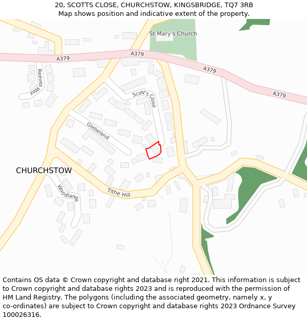 20, SCOTTS CLOSE, CHURCHSTOW, KINGSBRIDGE, TQ7 3RB: Location map and indicative extent of plot