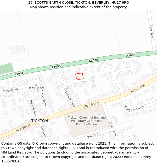 20, SCOTTS GARTH CLOSE, TICKTON, BEVERLEY, HU17 9RQ: Location map and indicative extent of plot