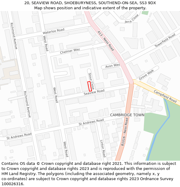 20, SEAVIEW ROAD, SHOEBURYNESS, SOUTHEND-ON-SEA, SS3 9DX: Location map and indicative extent of plot