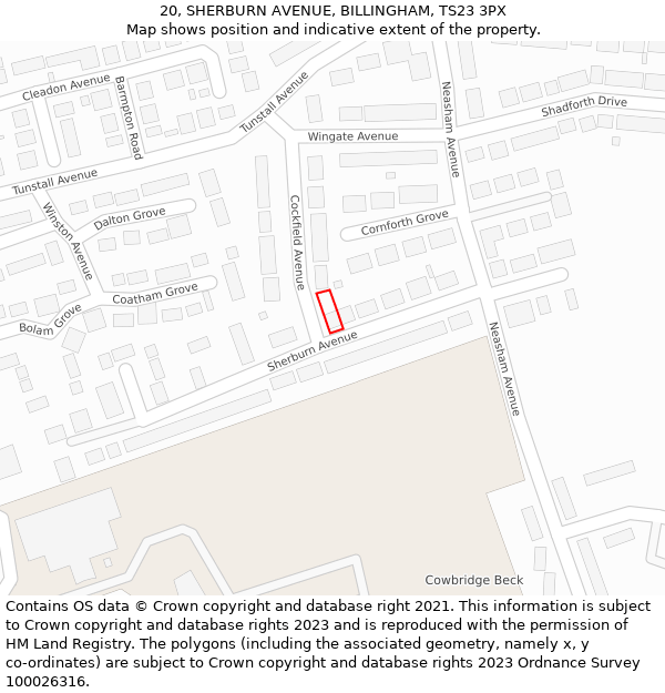 20, SHERBURN AVENUE, BILLINGHAM, TS23 3PX: Location map and indicative extent of plot