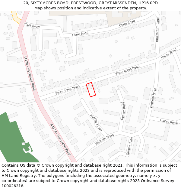 20, SIXTY ACRES ROAD, PRESTWOOD, GREAT MISSENDEN, HP16 0PD: Location map and indicative extent of plot