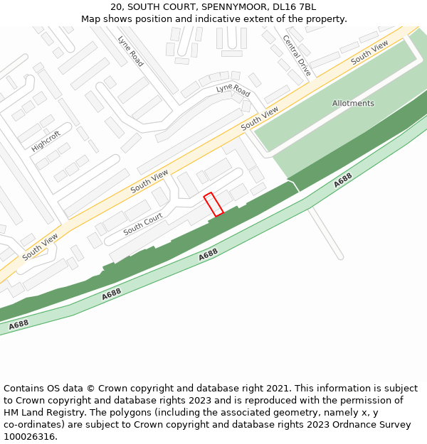 20, SOUTH COURT, SPENNYMOOR, DL16 7BL: Location map and indicative extent of plot