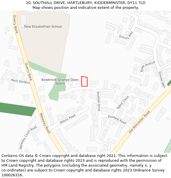 20, SOUTHALL DRIVE, HARTLEBURY, KIDDERMINSTER, DY11 7LD: Location map and indicative extent of plot