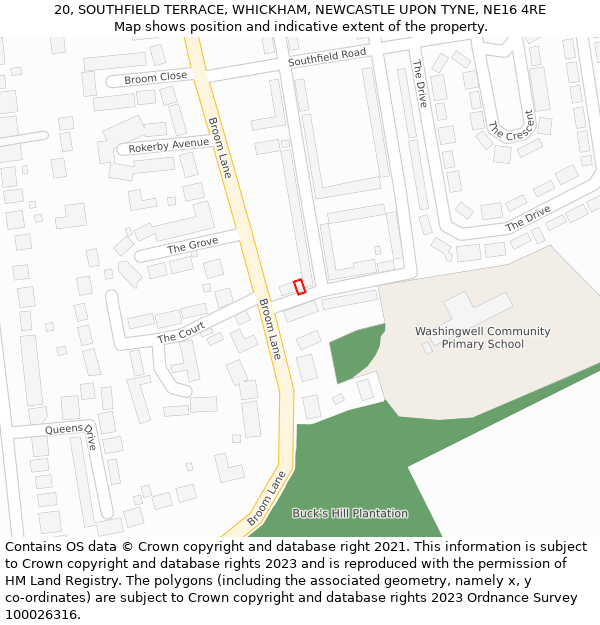 20, SOUTHFIELD TERRACE, WHICKHAM, NEWCASTLE UPON TYNE, NE16 4RE: Location map and indicative extent of plot