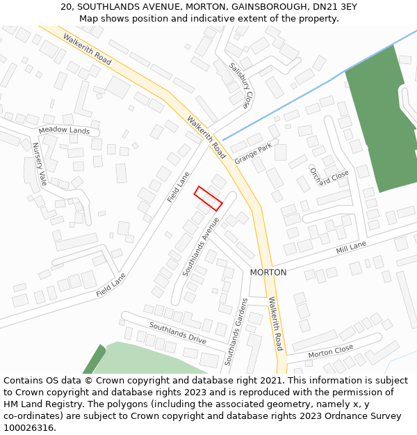 20, SOUTHLANDS AVENUE, MORTON, GAINSBOROUGH, DN21 3EY: Location map and indicative extent of plot