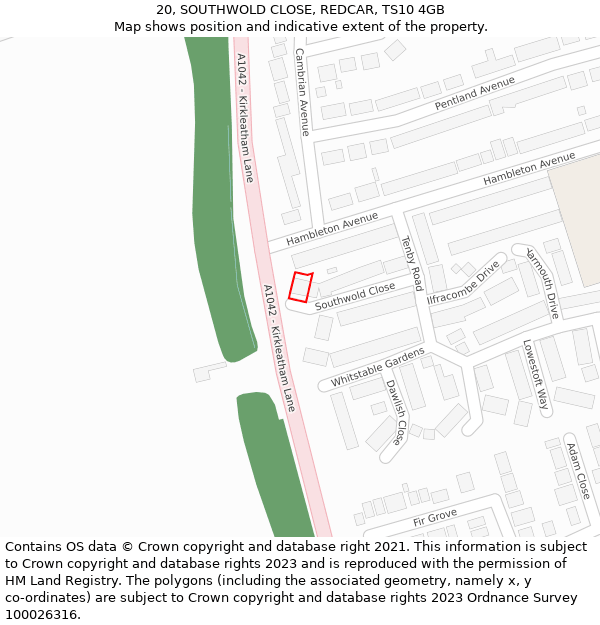 20, SOUTHWOLD CLOSE, REDCAR, TS10 4GB: Location map and indicative extent of plot