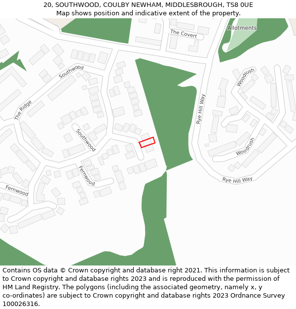 20, SOUTHWOOD, COULBY NEWHAM, MIDDLESBROUGH, TS8 0UE: Location map and indicative extent of plot