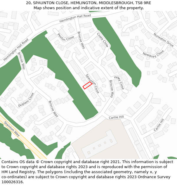 20, SPAUNTON CLOSE, HEMLINGTON, MIDDLESBROUGH, TS8 9RE: Location map and indicative extent of plot