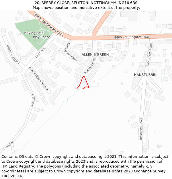 20, SPERRY CLOSE, SELSTON, NOTTINGHAM, NG16 6BS: Location map and indicative extent of plot