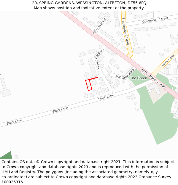 20, SPRING GARDENS, WESSINGTON, ALFRETON, DE55 6FQ: Location map and indicative extent of plot