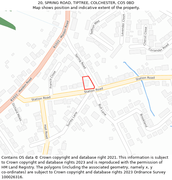 20, SPRING ROAD, TIPTREE, COLCHESTER, CO5 0BD: Location map and indicative extent of plot