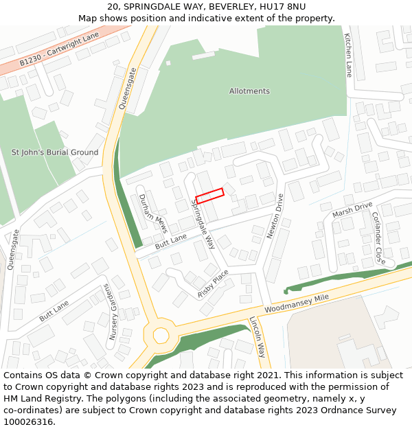 20, SPRINGDALE WAY, BEVERLEY, HU17 8NU: Location map and indicative extent of plot