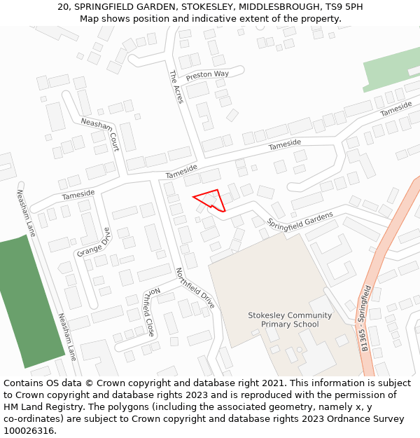 20, SPRINGFIELD GARDEN, STOKESLEY, MIDDLESBROUGH, TS9 5PH: Location map and indicative extent of plot