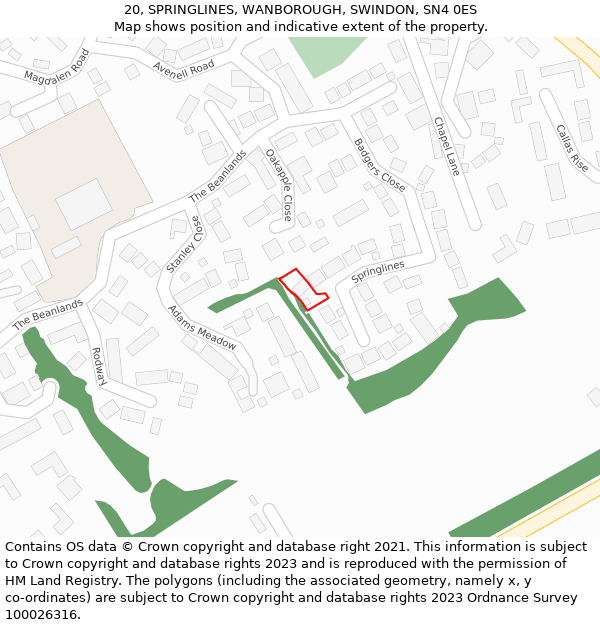 20, SPRINGLINES, WANBOROUGH, SWINDON, SN4 0ES: Location map and indicative extent of plot