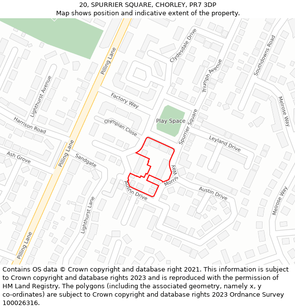 20, SPURRIER SQUARE, CHORLEY, PR7 3DP: Location map and indicative extent of plot