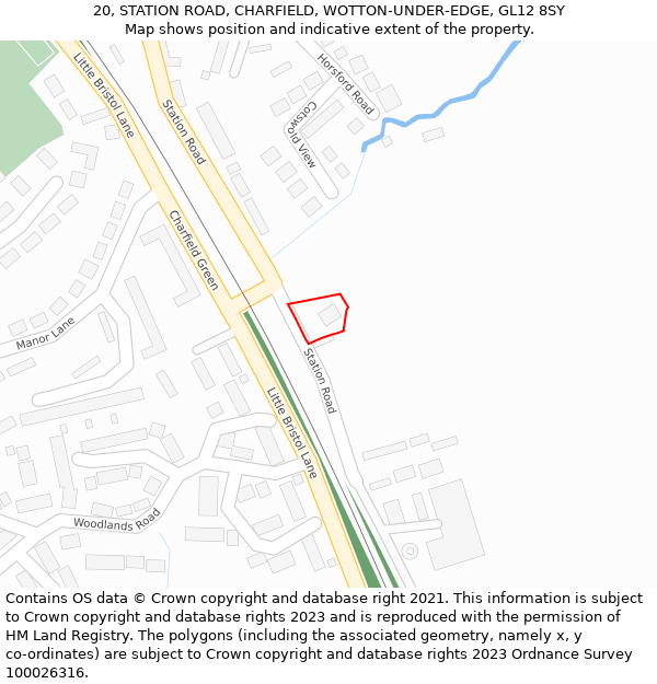 20, STATION ROAD, CHARFIELD, WOTTON-UNDER-EDGE, GL12 8SY: Location map and indicative extent of plot