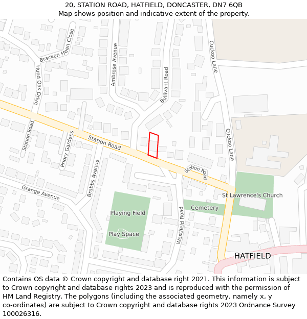 20, STATION ROAD, HATFIELD, DONCASTER, DN7 6QB: Location map and indicative extent of plot
