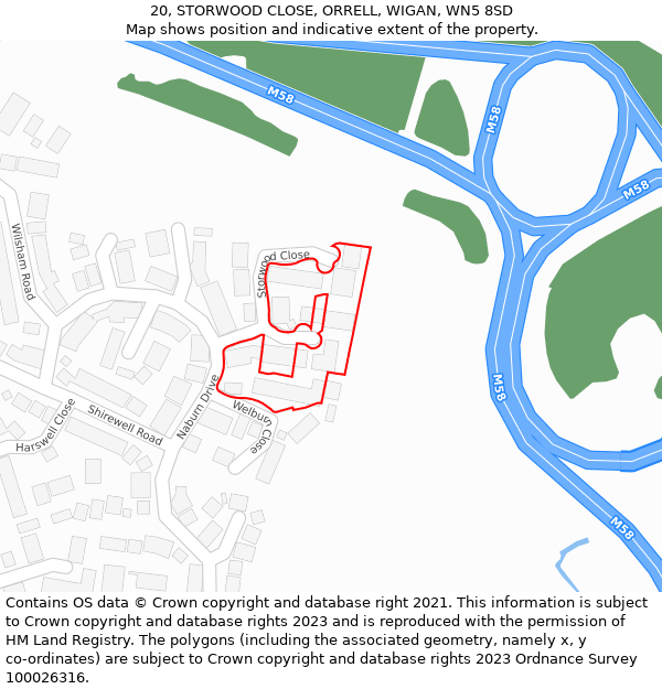 20, STORWOOD CLOSE, ORRELL, WIGAN, WN5 8SD: Location map and indicative extent of plot