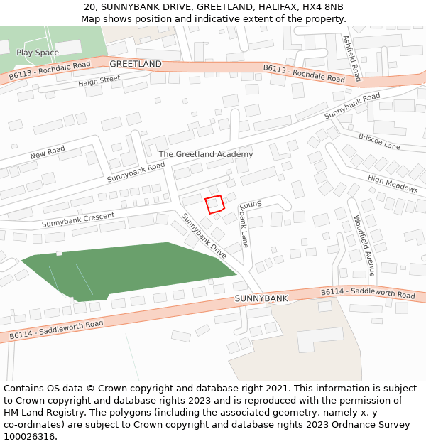 20, SUNNYBANK DRIVE, GREETLAND, HALIFAX, HX4 8NB: Location map and indicative extent of plot