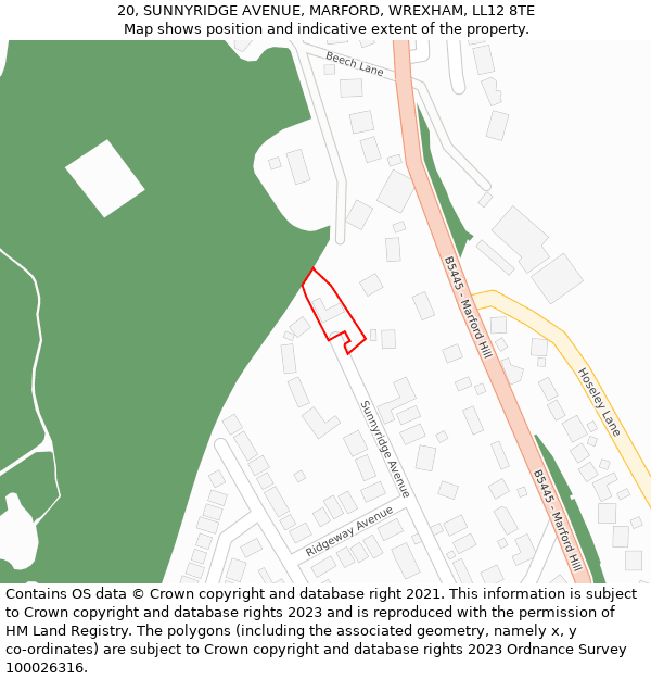 20, SUNNYRIDGE AVENUE, MARFORD, WREXHAM, LL12 8TE: Location map and indicative extent of plot