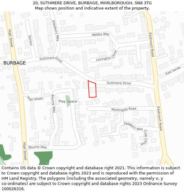 20, SUTHMERE DRIVE, BURBAGE, MARLBOROUGH, SN8 3TG: Location map and indicative extent of plot