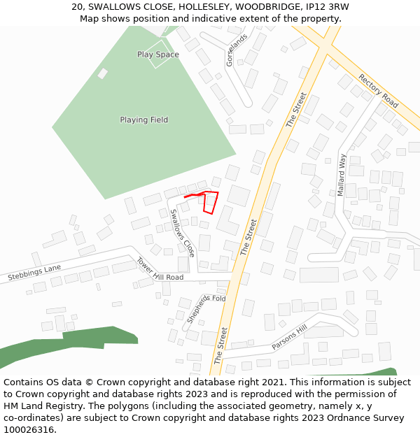 20, SWALLOWS CLOSE, HOLLESLEY, WOODBRIDGE, IP12 3RW: Location map and indicative extent of plot