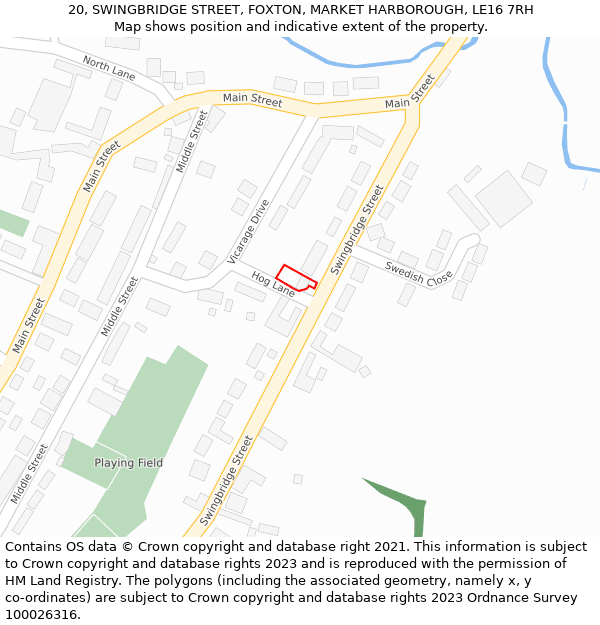 20, SWINGBRIDGE STREET, FOXTON, MARKET HARBOROUGH, LE16 7RH: Location map and indicative extent of plot