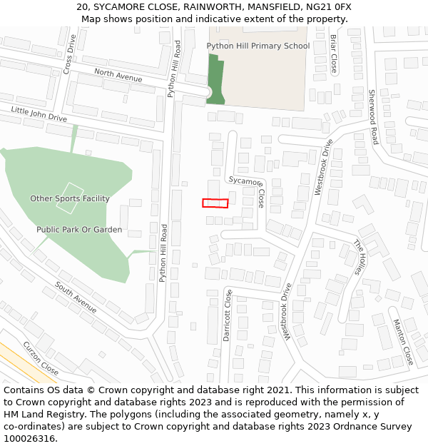 20, SYCAMORE CLOSE, RAINWORTH, MANSFIELD, NG21 0FX: Location map and indicative extent of plot