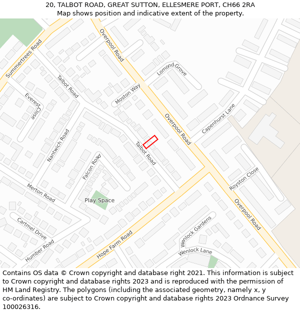 20, TALBOT ROAD, GREAT SUTTON, ELLESMERE PORT, CH66 2RA: Location map and indicative extent of plot