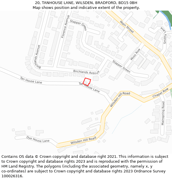 20, TANHOUSE LANE, WILSDEN, BRADFORD, BD15 0BH: Location map and indicative extent of plot