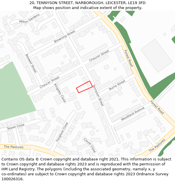 20, TENNYSON STREET, NARBOROUGH, LEICESTER, LE19 3FD: Location map and indicative extent of plot